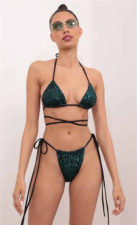 Bora Bora Sequined Bikini Set In Forest Green LUCY IN THE SKY