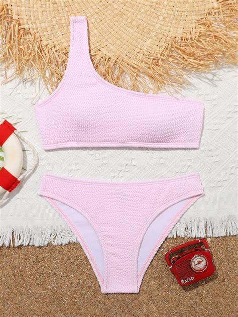 Girls Plain One Shoulder Bikini Swimsuit Shein Uk