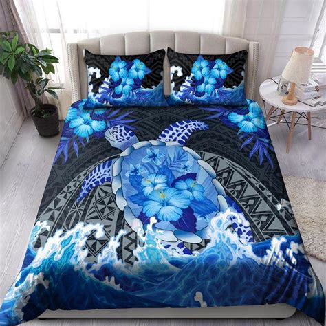 Sea Turtle Polysanian Tattoo Ocean Waves Comforter Set Aloha Hawaii