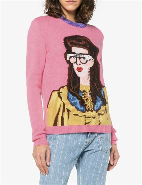 Pink Gucci Crystal Embellished Woman Intarsia Wool Sweater Sweaters Wool Sweaters Sweater Design