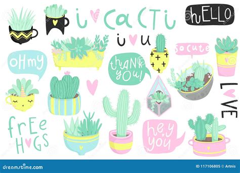 Cute Summer Sticker Set With Cacti And Succulents Stock Vector