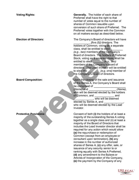 Investor Term Sheet Template For Lease US Legal Forms