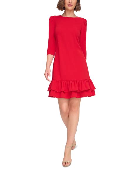 Tommy Hilfiger Women S 3 4 Sleeve Ruffled Hem Dress In Deep Scarlet Modesens