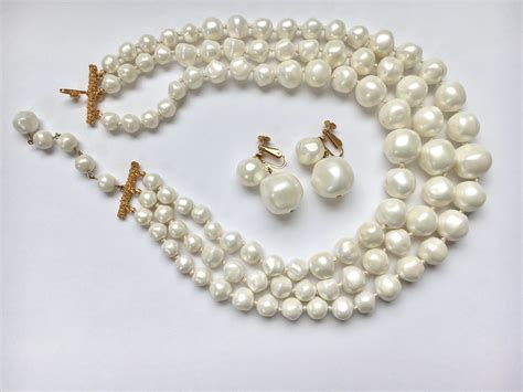 Vintage Faux Pearl Multi Strand Necklace And Earrings 1960s Etsy