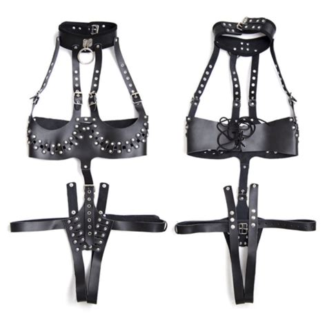 Uk Pu Leather Sexy Women Body Harness Corset Cupless Chest Bra Cage