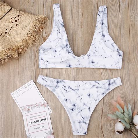 Women Sexy Marble Print Padded Bra Beach Halter Bikini Set Swimwer