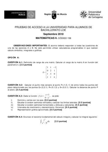 Exámenes de EBAU de Matemáticas II de Murcia Descargar exámenes