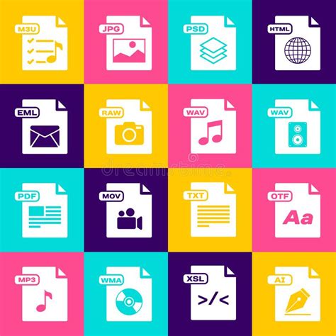 Set Ai File Document Otf Wav Psd Raw Eml M U And Icon Vector