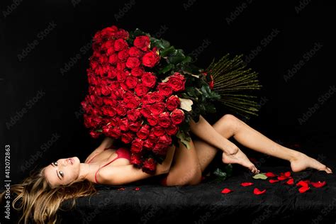 Sexy Sensual Woman With Rose Bouquet Girl In Red Lingerie With