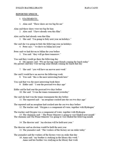 Reported Speech Exercises 4 3 22 Pdf