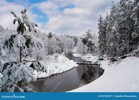 Snowy Winter Landscape of Forest River Isloch, Minsk Region, Belarus ...