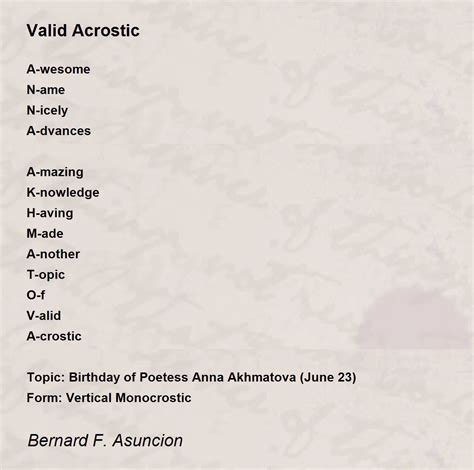 Valid Acrostic Valid Acrostic Poem By Bernard F Asuncion