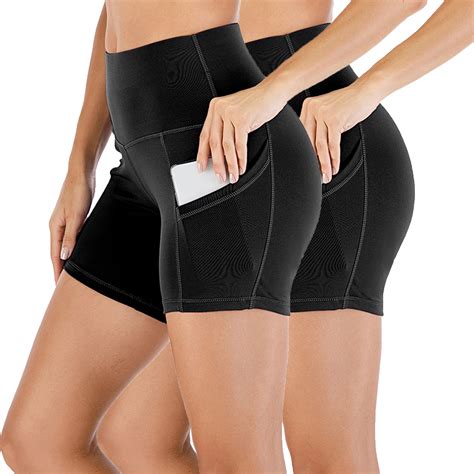 Dodoing 2 Packs Tummy Control Yoga Shorts With Pockets For Women Workout Running Athletic Bike