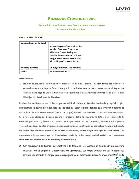 A Equipo Actividad Finanzas Corporativas Unidad Riesgo