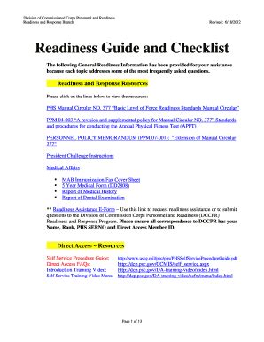 Fillable Online Dcp Psc Basic Readiness Checklist Commissioned Corps