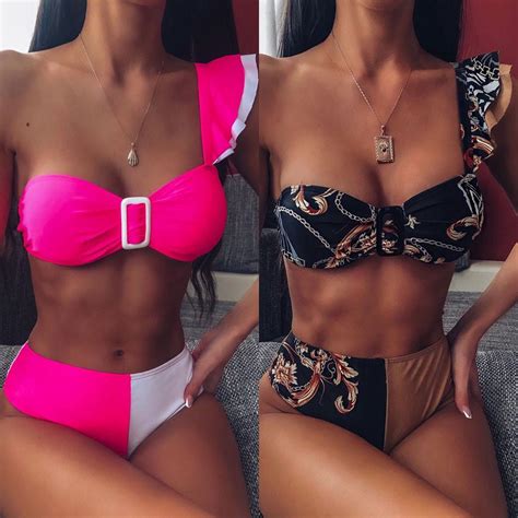 Buy Women Sexy Patchwork Ruffles Buckle Bikini Push Up Padded Swimwear