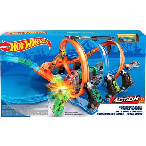 Hot Wheels Toy Car Track Set Corkscrew Crash With Scale Car Crash Zones Motorized