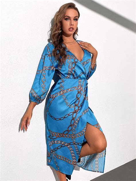 Satin Chain Print Surplice Neck Wrap Hem Dress Shein Usa Dresses