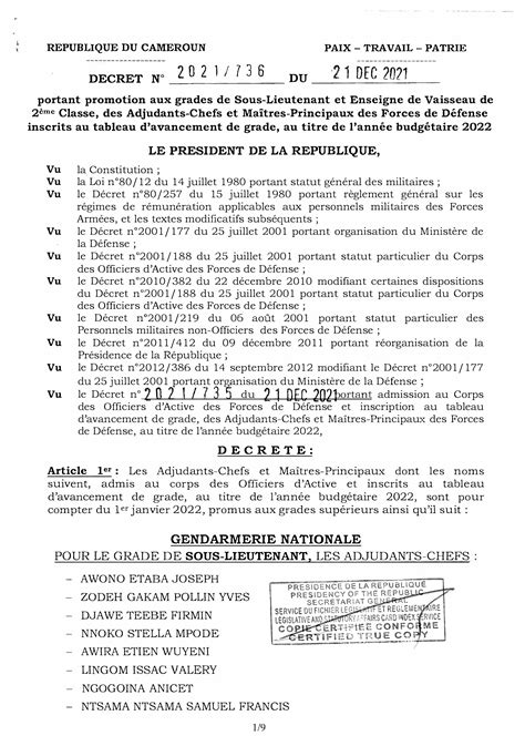 Décret N°2021736 Du 21 Décembre 2021 Portant Promotion Aux Grades De