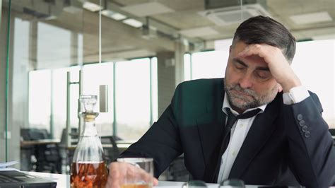 Frustrated senior businessman drinking from stress, holding glass of