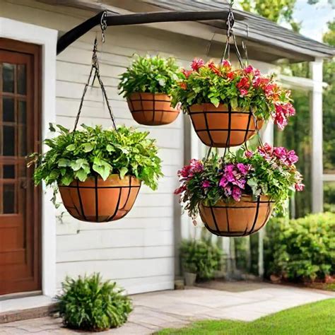 Hanging planters with hanging plants and hanging pots on a porch | Premium AI-generated image