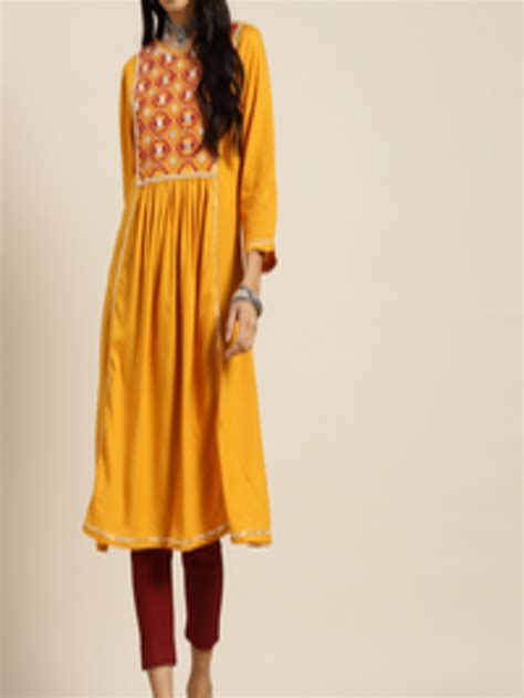 Buy Sangria Women Mustard Yellow And Red Yoke Design Mirror Work Kurta Kurtas For Women 17130920