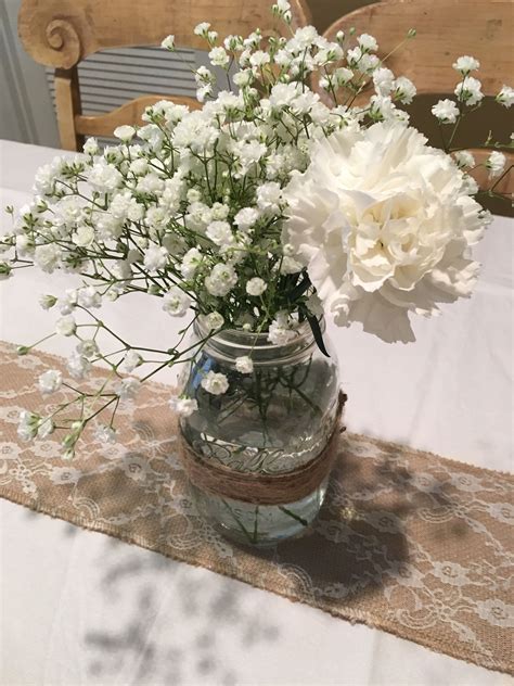 Carnations And Babies Breath In Mason Jar Shabby Chic Wedding Shower