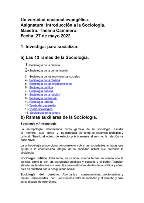 Las Ramas De La Sociologia Universidad Nacional Evangélica