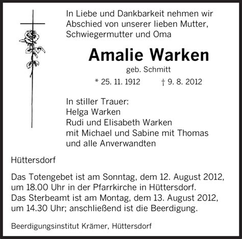 Traueranzeigen Von Amalie Warken Saarbruecker Zeitung Trauer De