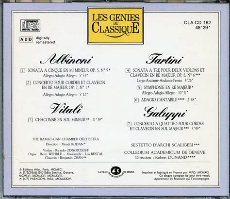 Les Genies Du Classique Volume Iv No Albinoni Vitali Tartini