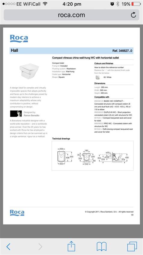 Roca Hall Compact Vitreous China Wall Hung WC With Horizontal Outlet EBay
