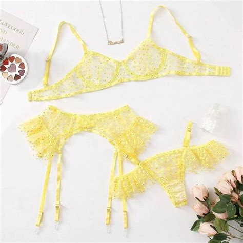 Yellow Floral Lace 3pc Lingerie Set Etsy