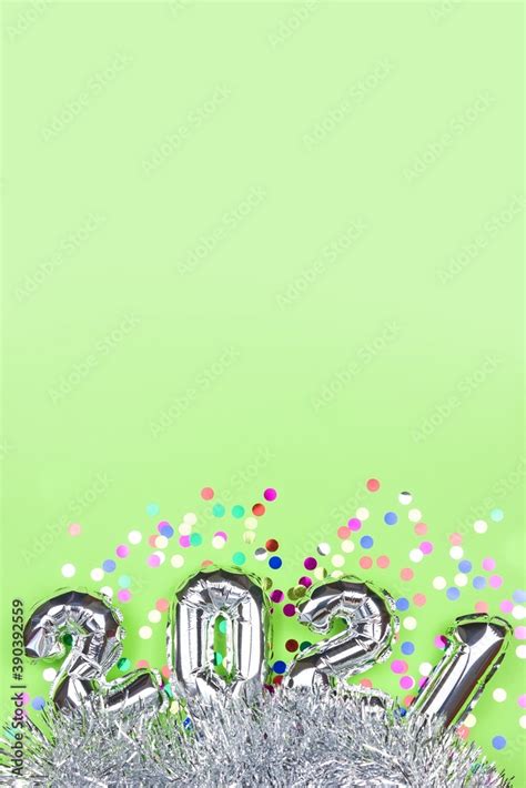 2021 Silver Air Balloon On Green Background With Confetti Happy New