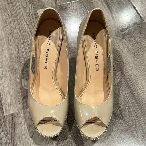 Marc Fisher Shoes Nude Peeptoe Platform Heels With Rhinestones