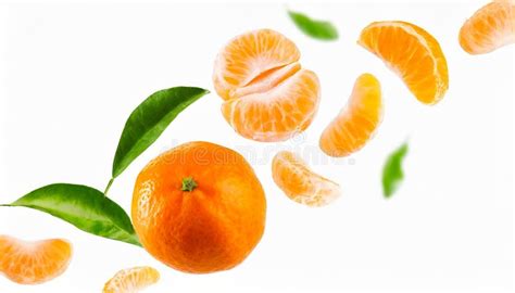 Mandarins With Half Slices Tangerine Falling Or Flying In The Air With