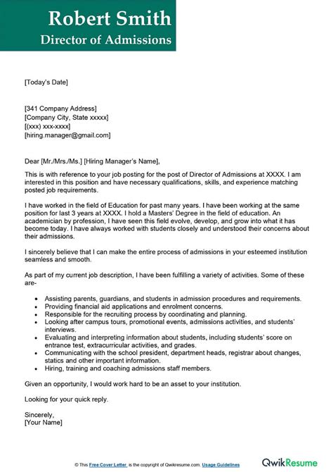 Director Of Admissions Cover Letter Examples Qwikresume