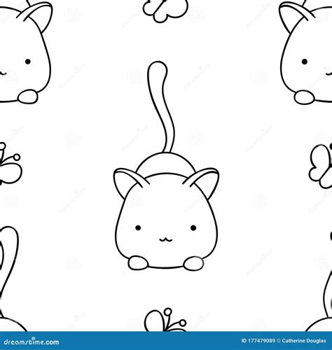 Simple Seamless Pattern Black And White Cute Kawaii Hand Drawn Cat