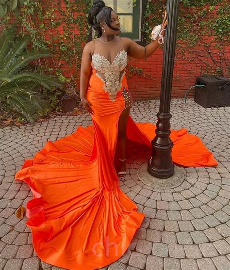 Orange Lace Mermaid Orange Prom Dresses 2022 With Beaded Crystals