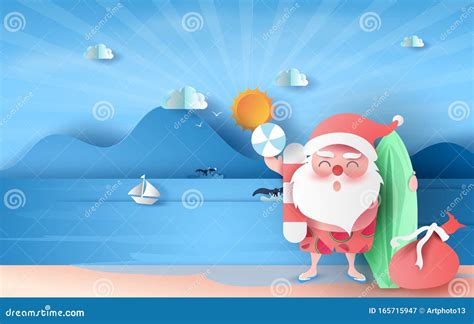 Santa Claus Smile Wearing Beach Suit On Sea View Sunlight Blue Sky