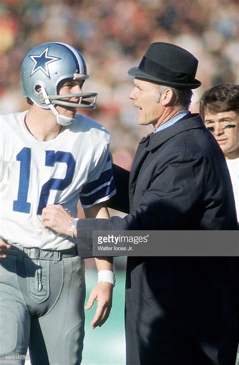 Dallas Cowboys Qb Roger Staubach Talking On Sidelines With Coach Tom