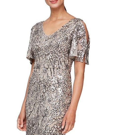 Alex Evenings Floral Sequin Cold Shoulder Short Flutter Sleeve V Neck Sheath Long Gown Dillard S