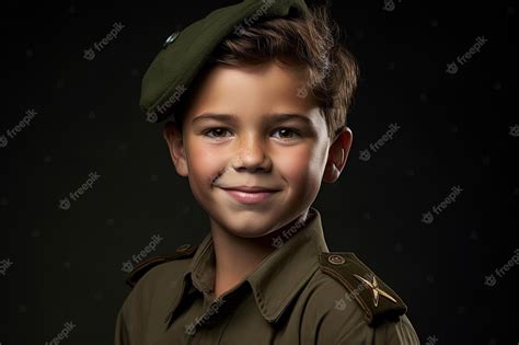 Premium Ai Image Portrait Of A Cute Little Boy In Military Uniform On