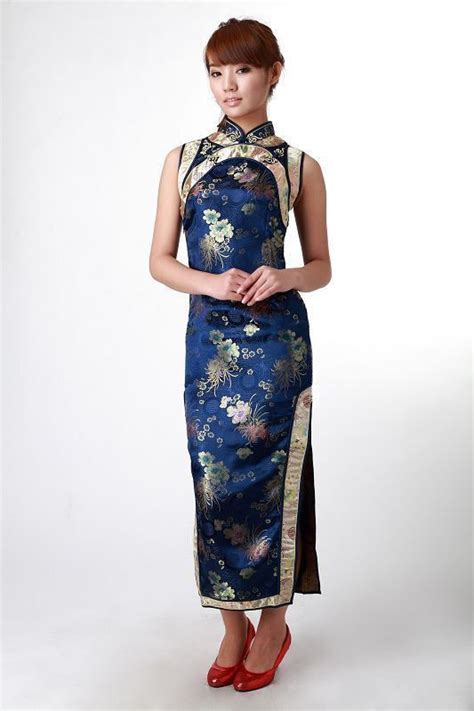 New Arrival Designer Navy Blue Chinese Womens Long Cheongsam Vestido