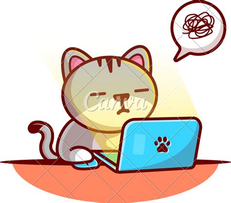 Cute Cat Working On Laptop Cartoon Vector Illustration