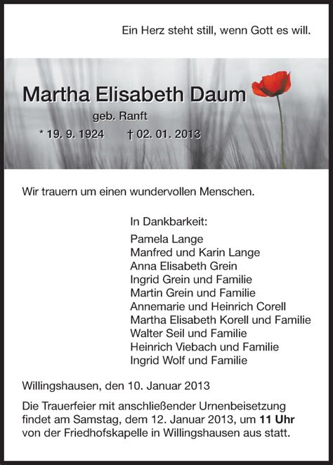 Traueranzeigen Von Martha Elisabeth Daum Trauer HNA De