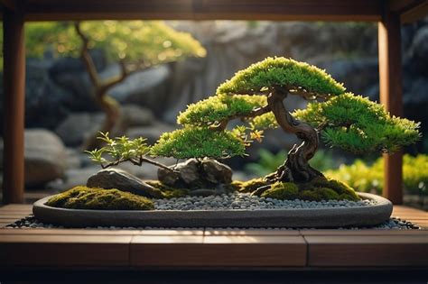 Premium Photo Tranquil Zen Garden With Bonsai Tree