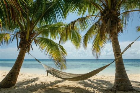 A Serene And Peaceful Setting On A Beach With A Hammock Suspended