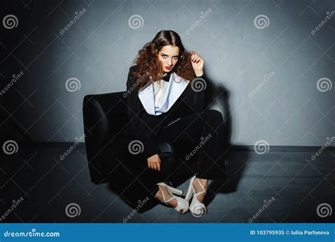 Brunette Model Posing On Couch In The Studio Stock Image Image Of