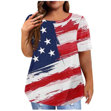 Brnmxoke Plus Size Usa Flag Star Stripe Shirt For Women 4th Of July