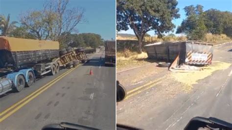 Carreta Carregada De Soja Tomba E Derrama Carga Na Pista Na Br